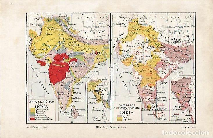 Otros art&iacute;culos de coleccionismo en papel: LAMINA ESPASA 4564: Mapa geologico y de vegetales de la India - Varios Autores