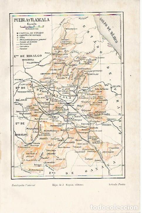 Otros art&iacute;culos de coleccionismo en papel: LAMINA ESPASA 3676: Mapa de Puebla y Tlaxcala Mexico - Varios Autores