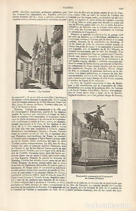 Otros art&iacute;culos de coleccionismo en papel: LAMINA ESPASA 4863: Vistas de Vannes Francia - Varios Autores