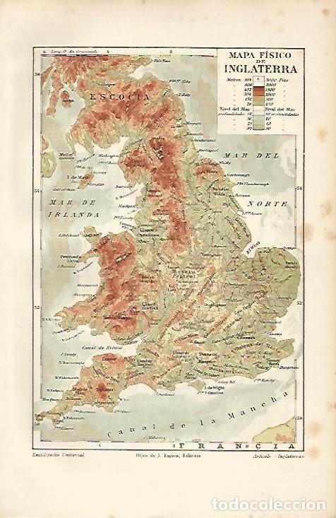 Otros art&iacute;culos de coleccionismo en papel: LAMINA ESPASA 4603: Mapa fisico de Inglaterra - Varios Autores