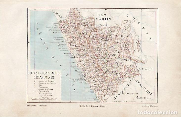 Otros art&iacute;culos de coleccionismo en papel: LAMINA ESPASA 4472: Mapa de Huanuco Ancachs Lima y Junin en Peru - Varios Autores