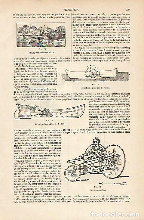 Otros art&iacute;culos de coleccionismo en papel: LAMINA ESPASA 5982: Velocipedo acuatico de 1879 - Varios Autores