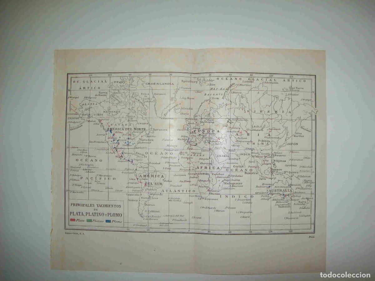 Otros art&iacute;culos de coleccionismo en papel: LAMINA ESPASA 27127: Mapa mundial de yacimientos de plomo plata y platino - Varios