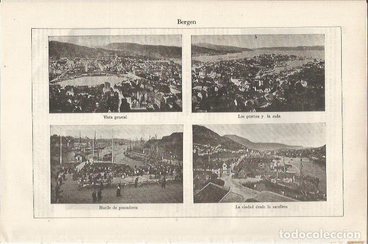 Otros art&iacute;culos de coleccionismo en papel: LAMINA ESPASA 34450: Vista, puertos y muelle de pescadores en Bergen, Noruega - Varios