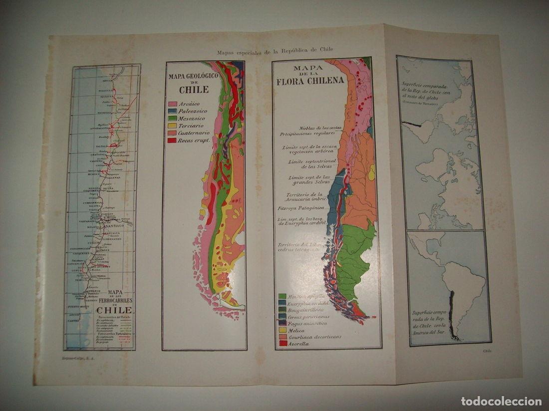Otros art&iacute;culos de coleccionismo en papel: LAMINA ESPASA 34740: Mapa geologico, de la flora y de los ferrocarriles de Chile - Varios