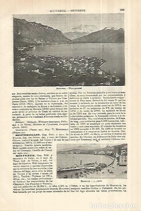 Otros art&iacute;culos de coleccionismo en papel: LAMINA ESPASA 28051: Vistas de Montreaux Suiza - Varios