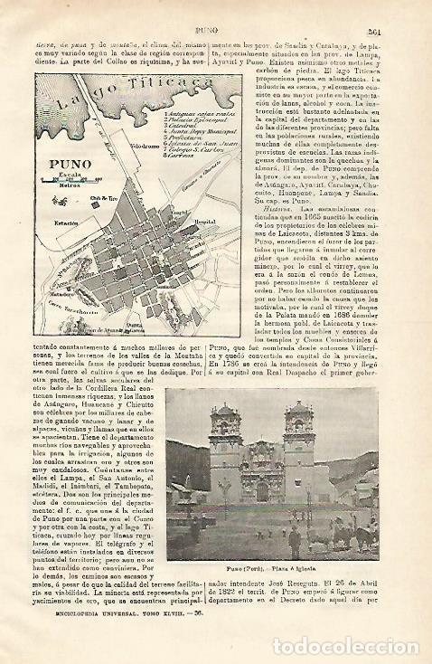 Otros art&iacute;culos de coleccionismo en papel: LAMINA ESPASA 20632: Plano de Puno Peru - Varios