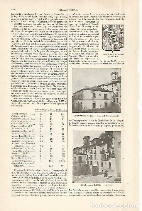 Otros art&iacute;culos de coleccionismo en papel: LAMINA ESPASA 29069: Escudo Ayuntamiento y plaza de Villahermosa del Rio Castellon - Varios