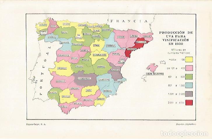 Otros art&iacute;culos de coleccionismo en papel: LAMINA ESPASA 29175: Mapa de Espa&ntilde;a de produccion de uva en 1930 - Varios
