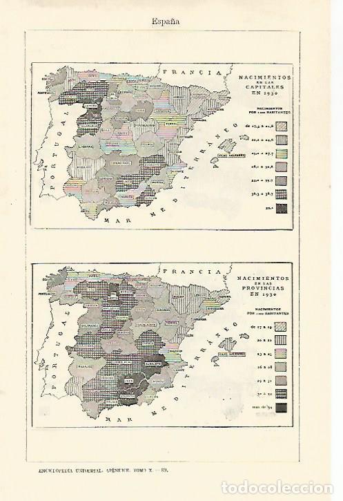 Otros art&iacute;culos de coleccionismo en papel: LAMINA ESPASA 29168: Mapa de Espa&ntilde;a de nacimientos en 1930 - Varios