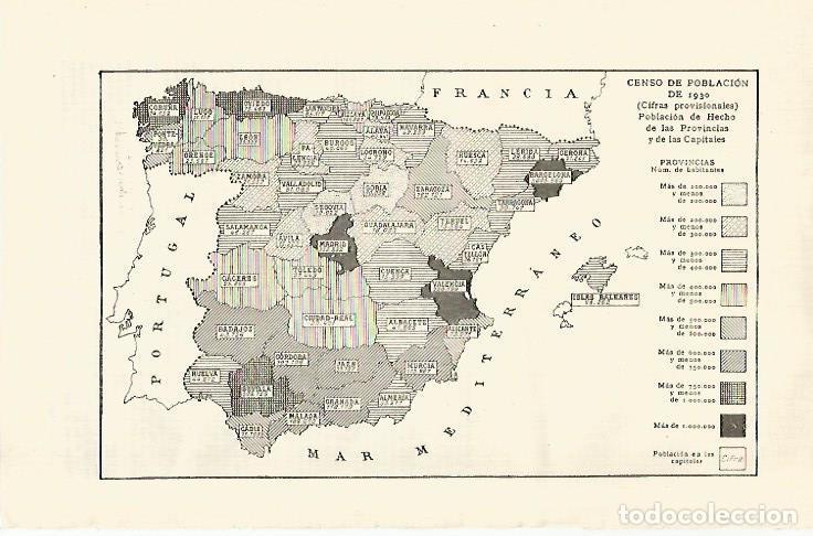 Otros art&iacute;culos de coleccionismo en papel: LAMINA ESPASA 29180: Mapa de Espa&ntilde;a con el censo de 1930 - Varios