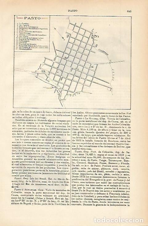 Otros art&iacute;culos de coleccionismo en papel: LAMINA ESPASA 002340: Plano de Pasto Colombia - Varios Autores
