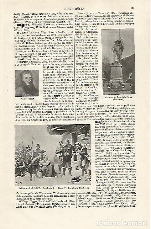 Otros art&iacute;culos de coleccionismo en papel: LAMINA ESPASA 30196: Monumento a A. Hofer y Prision de Andres Hofer por Blaas - Varios