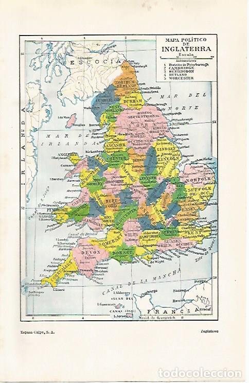 Otros art&iacute;culos de coleccionismo en papel: LAMINA ESPASA 30380: Mapa politico de Inglaterra - Varios
