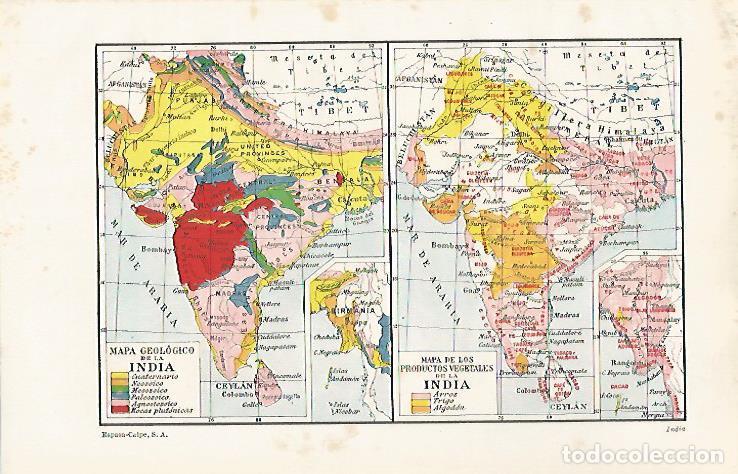 Otros art&iacute;culos de coleccionismo en papel: LAMINA ESPASA 30348: Mapa geologico y de vegetales de India - Varios
