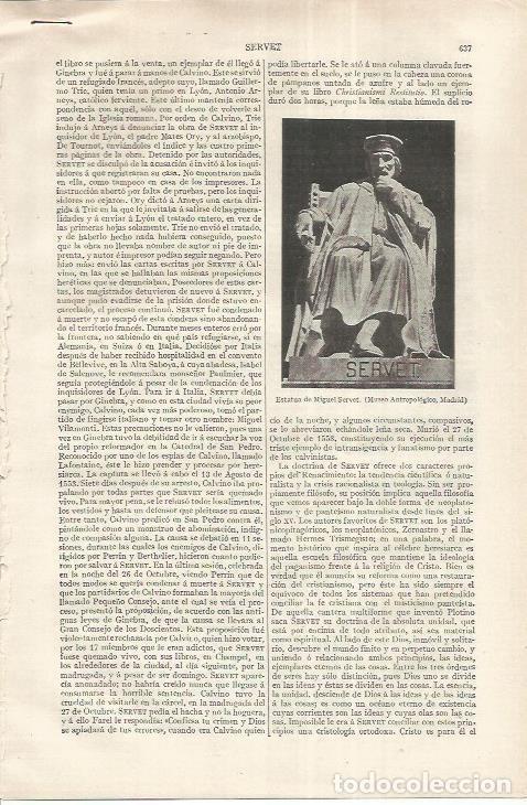 Otros art&iacute;culos de coleccionismo en papel: LAMINA ESPASA 37207: Estatua de Miguel Servet en el Museo Arqueologico de Madrid - Varios