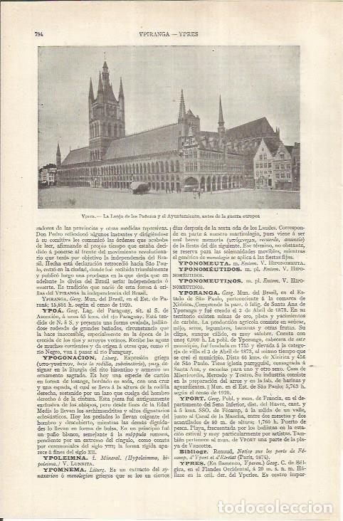 Otros art&iacute;culos de coleccionismo en papel: LAMINA ESPASA 36907: Lonja de los Pa&ntilde;eros y Ayuntamiento de Ypres, Belgica - Varios