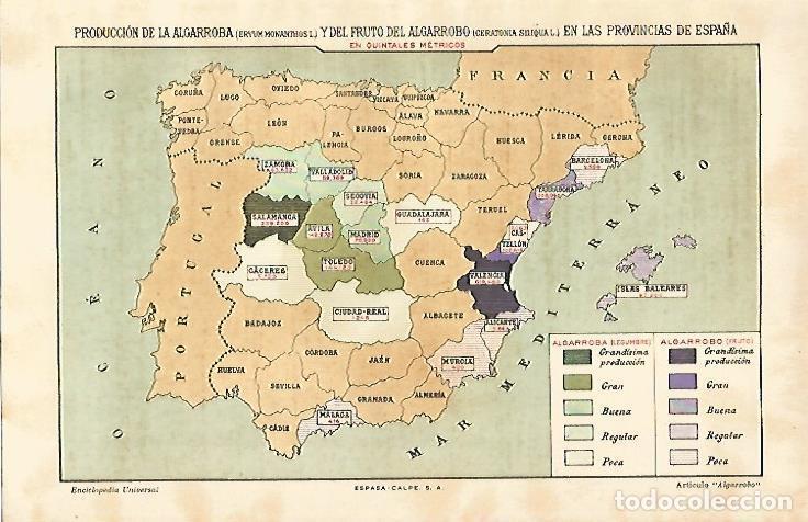 Otros art&iacute;culos de coleccionismo en papel: LAMINA ESPASA 11200: Mapa de Espa&ntilde;a de la produccion de algarroba - Varios