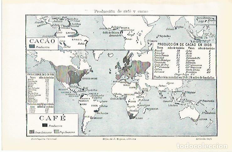Otros art&iacute;culos de coleccionismo en papel: LAMINA De ESPASA 00144: Mapa de produccion de cafe y cacao - Varios autores