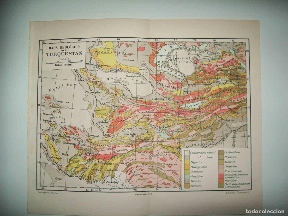 Otros art&iacute;culos de coleccionismo en papel: LAMINA ESPASA 31801: Mapa geologico del Turquestan - Varios
