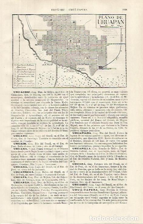 Otros art&iacute;culos de coleccionismo en papel: LAMINA ESPASA 31943: Plano de Uruapan Mexico - Varios
