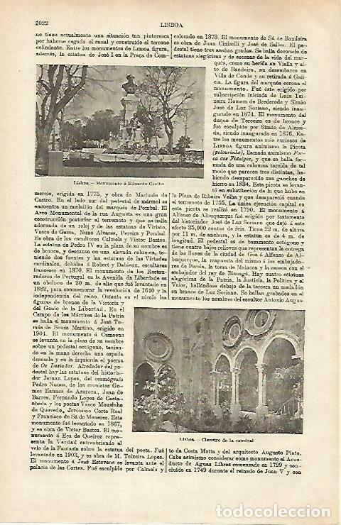 Otros art&iacute;culos de coleccionismo en papel: LAMINA ESPASA 33345: Monumento a E. Coelho y claustro de la Catedral de Lisboa, Portugal - Varios