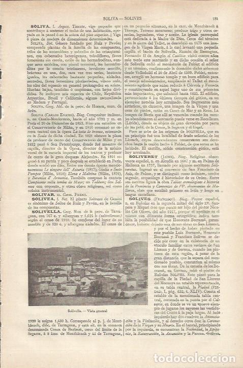 Otros art&iacute;culos de coleccionismo en papel: LAMINA ESPASA 34133: Vista de Solivella, Tarragona - Varios