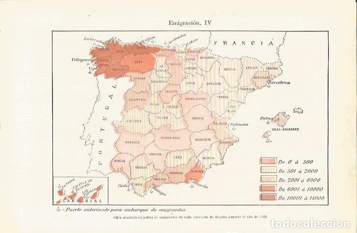Otros art&iacute;culos de coleccionismo en papel: LAMINA ESPASA 35643: Mapa de Espa&ntilde;a de puertos autorizados para embarque de emigrantes 1913 - Varios