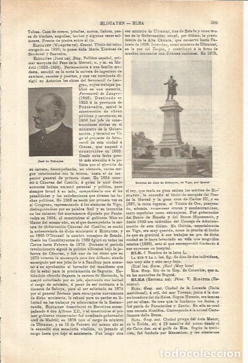 Otros art&iacute;culos de coleccionismo en papel: LAMINA ESPASA 35575: Monumento a Jose de Elduayen en Vigo - Varios