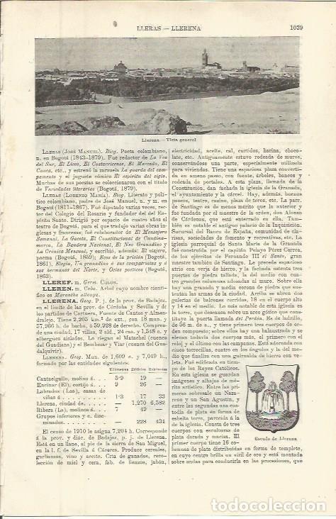 Otros art&iacute;culos de coleccionismo en papel: LAMINA ESPASA 36368: Vista y escudo de Llerena, Badajoz - Varios