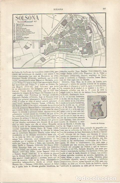 Otros art&iacute;culos de coleccionismo en papel: LAMINA ESPASA 34137: Plano de Solsona, Lleida - Varios
