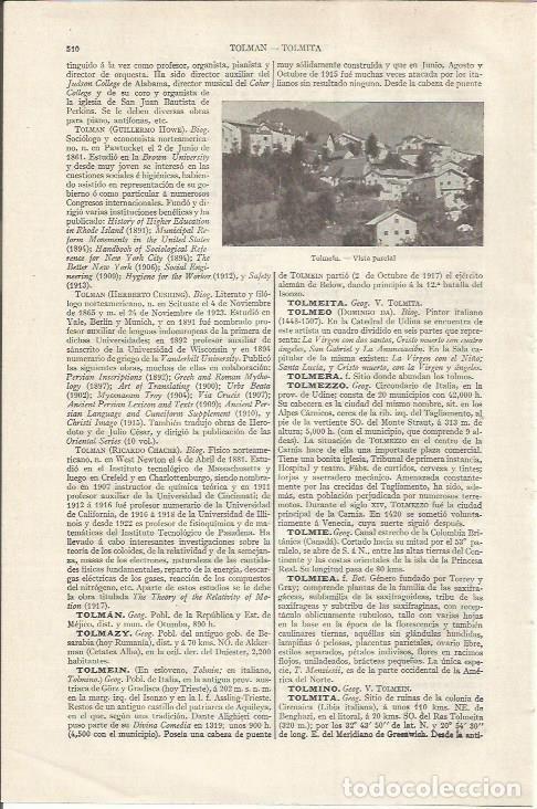 Otros art&iacute;culos de coleccionismo en papel: LAMINA ESPASA 35079: Vista de Tolmein, Italia - Varios