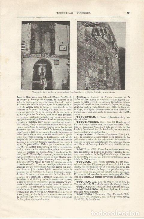 Otros art&iacute;culos de coleccionismo en papel: LAMINA ESPASA 35130: Monasterio de San Antolin en Toques - Varios