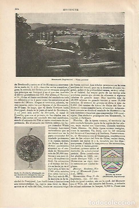 Otros art&iacute;culos de coleccionismo en papel: LAMINA ESPASA 27917: Vista y escudo de Monmouth Inglaterra - Varios