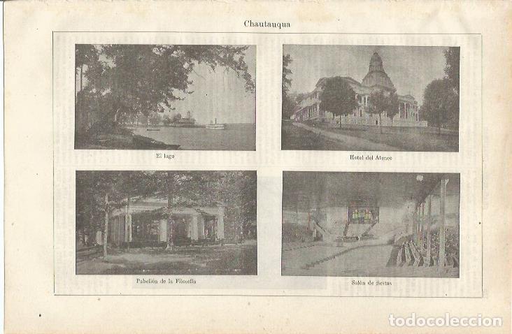 Otros art&iacute;culos de coleccionismo en papel: LAMINA ESPASA 34687: Lago, Hotel del Ateneo, Pabellon de la Filosofia y Salon de fiestas en Chautauq