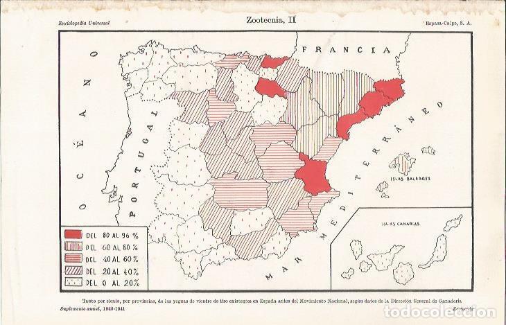 Otros art&iacute;culos de coleccionismo en papel: LAMINA ESPASA 35361: Mapa de Espa&ntilde;a con porcentaje de yeguas de tiro en 1940-41 - Varios