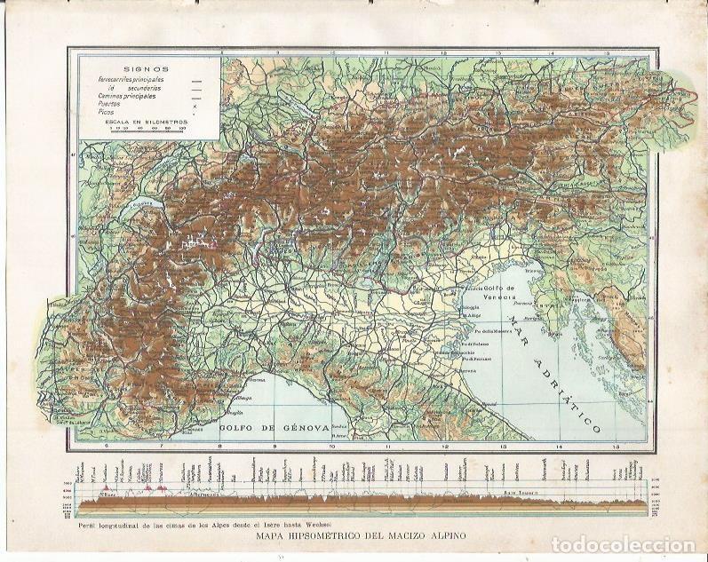 Altri oggetti di carta: LAMINA 20841: Mapa hipsometrico de los Alpes - Beltran y Rozpide