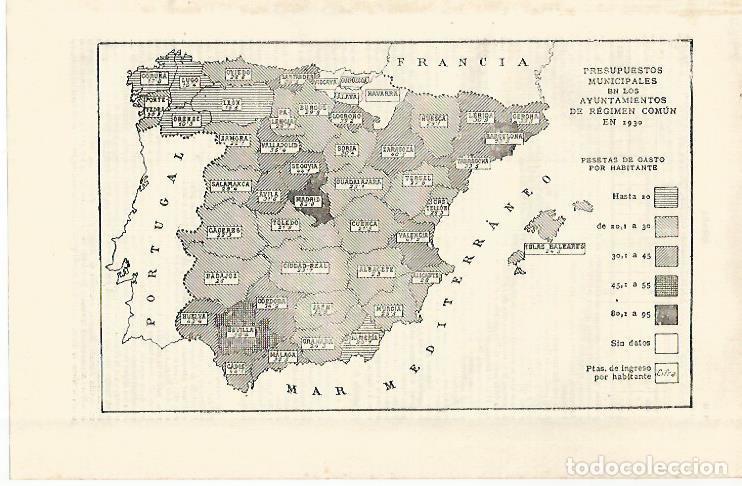 Otros art&iacute;culos de coleccionismo en papel: LAMINA ESPASA 29160: Mapa de Espa&ntilde;a de los presupuestos municipales de 1930 - Varios
