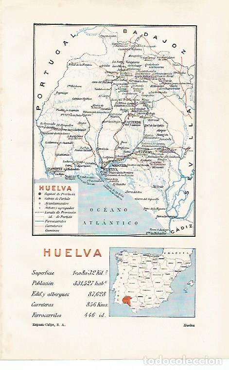 Otros art&iacute;culos de coleccionismo en papel: LAMINA ESPASA 30263: Mapa de la provincia de Huelva - Varios