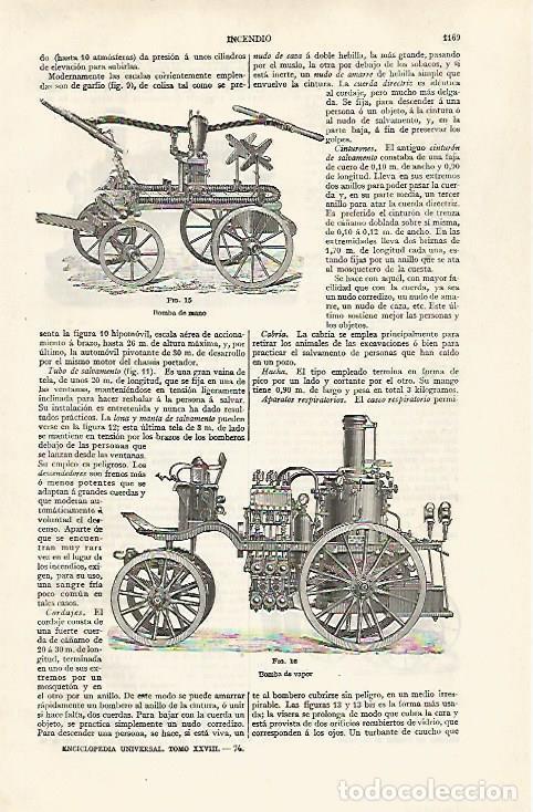 Otros art&iacute;culos de coleccionismo en papel: LAMINA ESPASA 30338: Bomba de mano y de vapor contra incendios - Varios