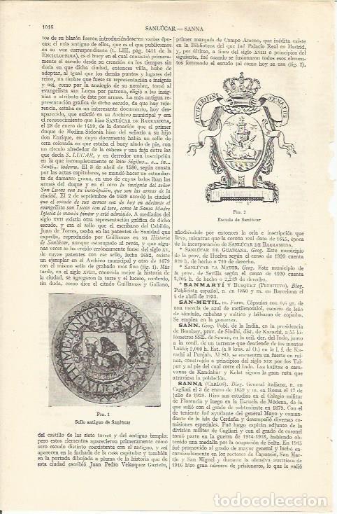 Otros art&iacute;culos de coleccionismo en papel: LAMINA ESPASA 37023: Escudo de Sanlucar - Varios
