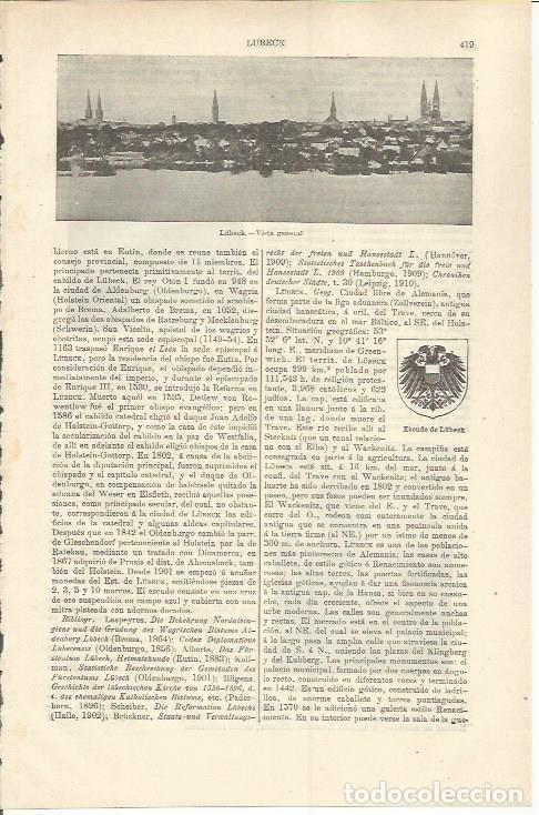 Otros art&iacute;culos de coleccionismo en papel: LAMINA ESPASA 37217: Vista y escudo de Lubeck, Alemania - Varios