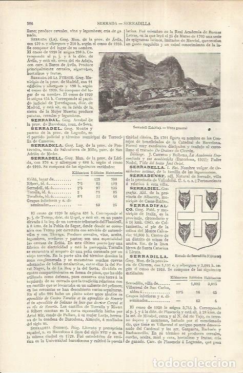 Outros artigos de papel: LAMINA ESPASA 37197: Vista de Serradell, Lleida y escudo de Serradilla, Caceres - Varios