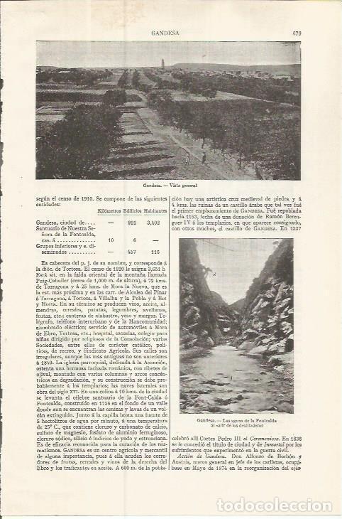 Otros art&iacute;culos de coleccionismo en papel: LAMINA ESPASA 37518: Vistas de Gandesa, Tarragona - Varios
