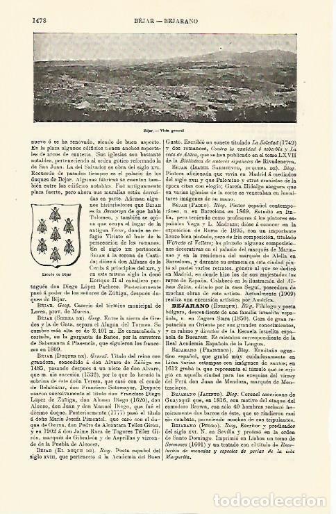 Otros art&iacute;culos de coleccionismo en papel: LAMINA ESPASA 30934: Vista y escudo de Bejar Salamanca - Varios