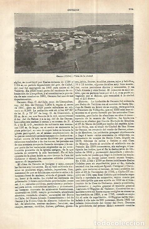Otros art&iacute;culos de coleccionismo en papel: LAMINA ESPASA 32944: Vista de Osorno, Chile - Varios