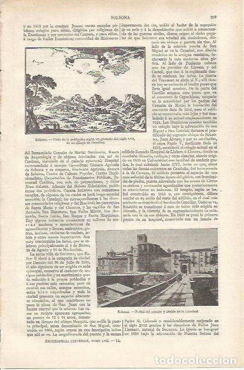 Otros art&iacute;culos de coleccionismo en papel: LAMINA ESPASA 34138: Solsona, grabado del siglo XVII - Varios