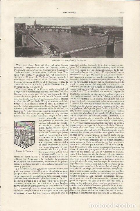 Otros art&iacute;culos de coleccionismo en papel: LAMINA ESPASA 35242: Vista y escudo de Toulousse, Francia - Varios