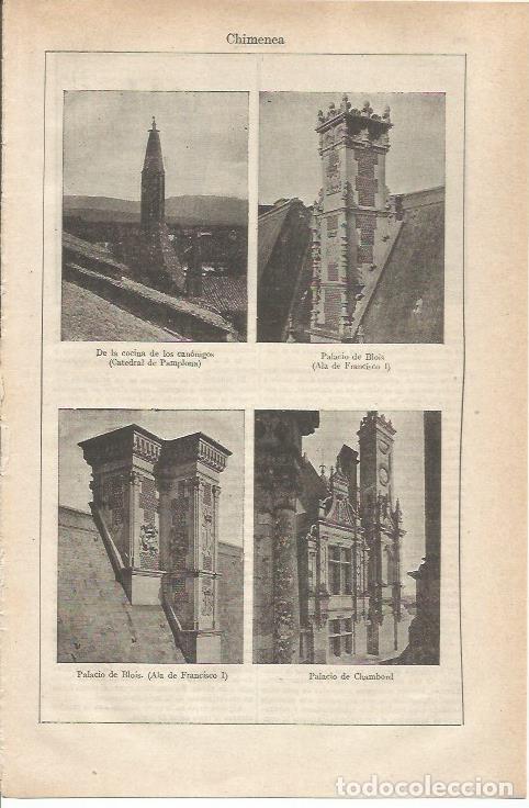 Otros art&iacute;culos de coleccionismo en papel: LAMINA ESPASA 34749: Chimenea de la Catedral de Pamplona, del Palacio de Blois y del Palacio de Cham