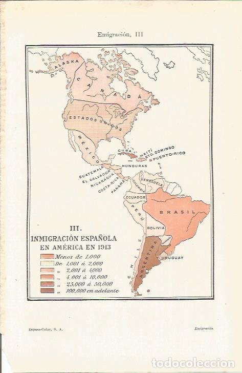 Otros art&iacute;culos de coleccionismo en papel: LAMINA ESPASA 35642: Mapa de inmigracion espa&ntilde;ola en America en 1913 - Varios
